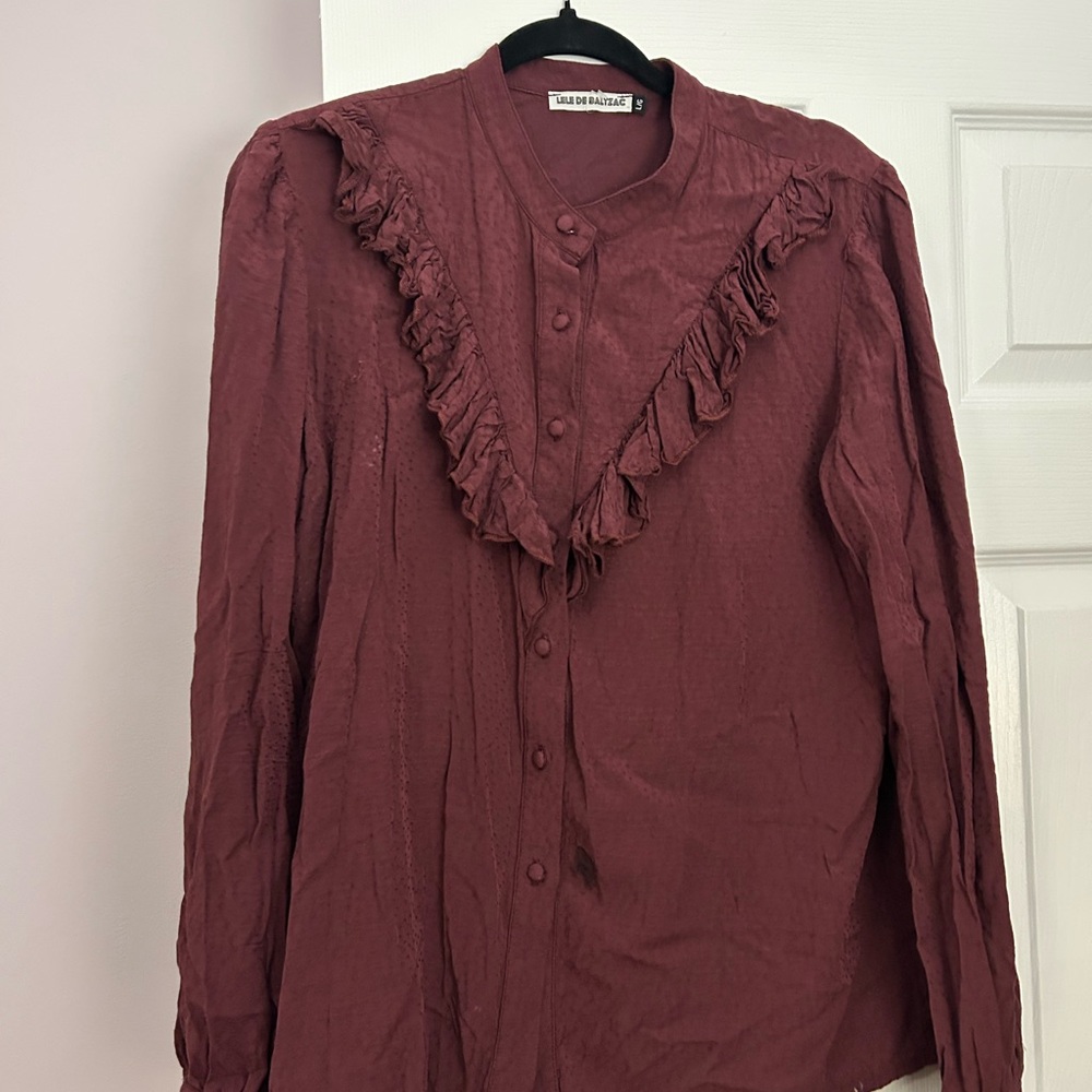 Ruffled Button-Up Blouse in Burgundy